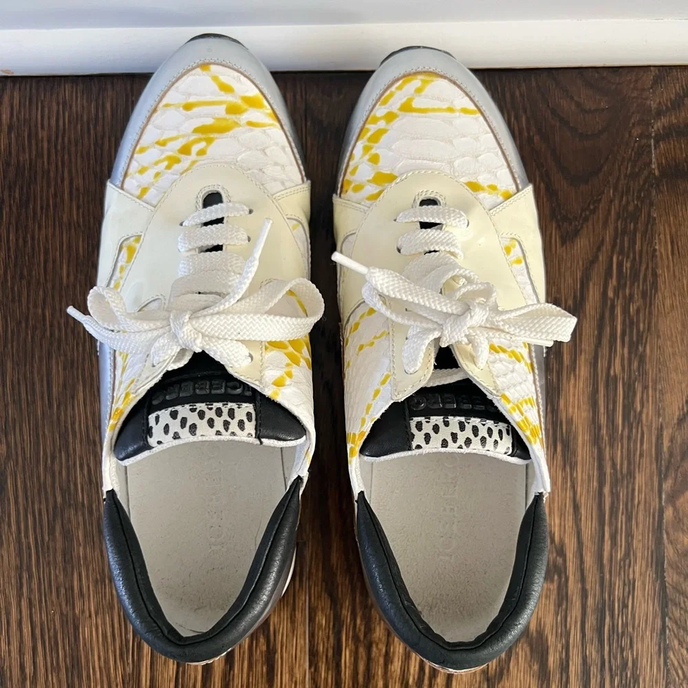Iceberg Women's Sneakers w/ reptile skin and yellow paint platter, size 37 (6.5)